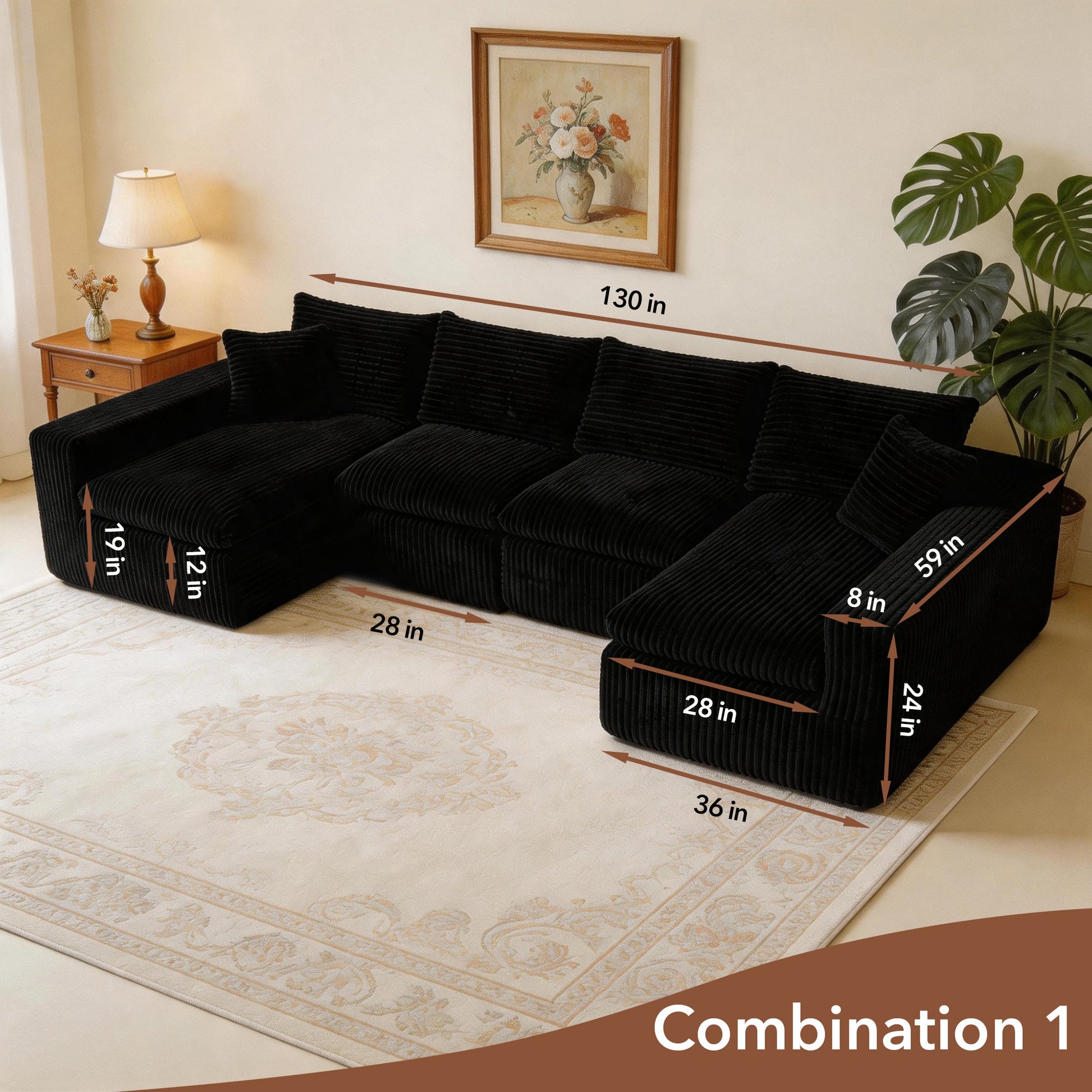 HouseOfZazla modular sectional cloud couch in black corduroy, 3-piece configuration with chaise on Tampa Home & Garden Store
