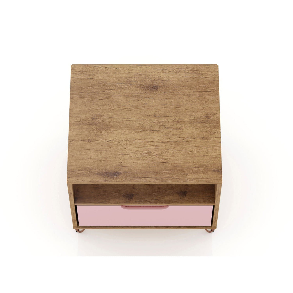 Rockefeller Nightstand with 1 drawer, pink front and wood grain top, splayed legs on Tampa Home & Garden Store