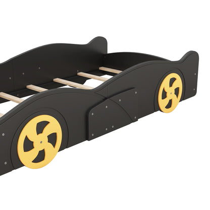 Race car shaped platform bed in black with yellow wheels and slat supports HouseOfZazla Beds on Tampa Home & Garden Store