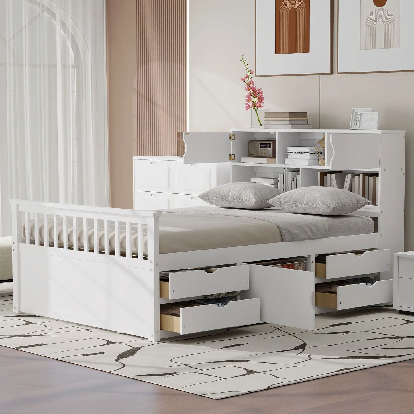 White captain platform bed with bookcase headboard and four drawers by Unique Piece Furniture on Tampa Home & Garden Store