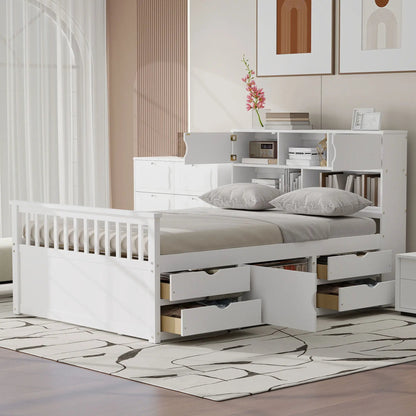 White captain platform bed with bookcase headboard and four drawers by Unique Piece Furniture on Tampa Home & Garden Store