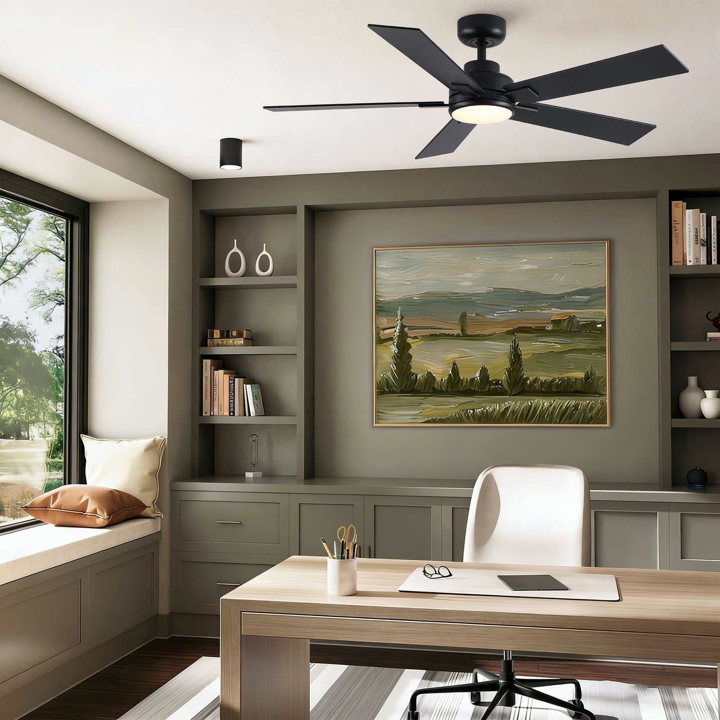 HouseOfZazla ceiling fan with integrated LED light, dimmable, reversible motor, black blades on Tampa Home & Garden Store
