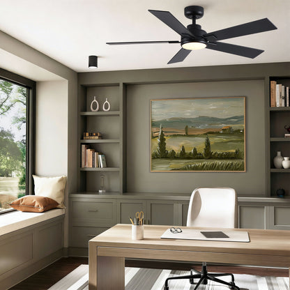 HouseOfZazla ceiling fan with integrated LED light, dimmable, reversible motor, black blades on Tampa Home & Garden Store