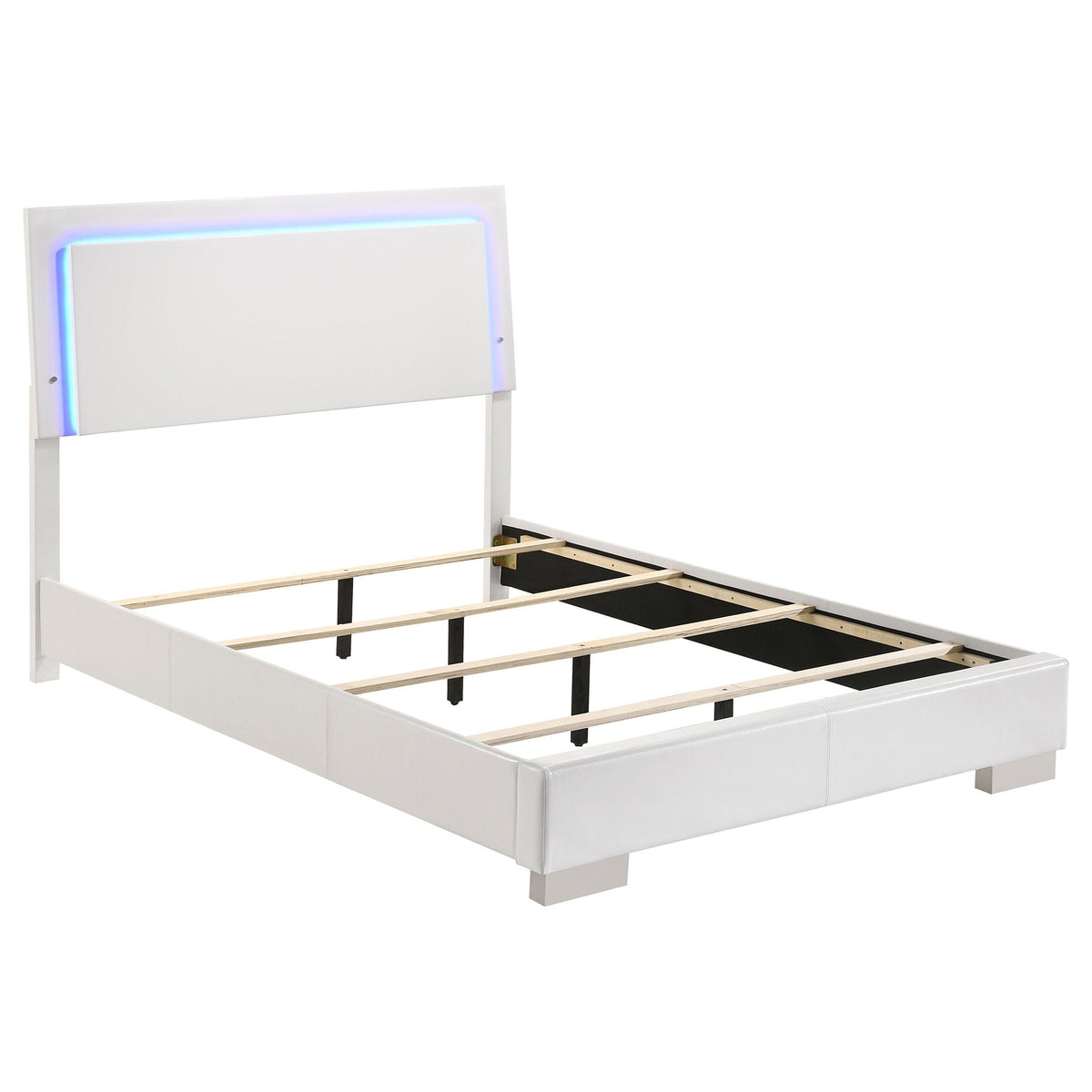 Felicity LED Panel Bed by HouseOfZazla, white upholstered platform bed with blue LED lighting on Tampa Home & Garden Store