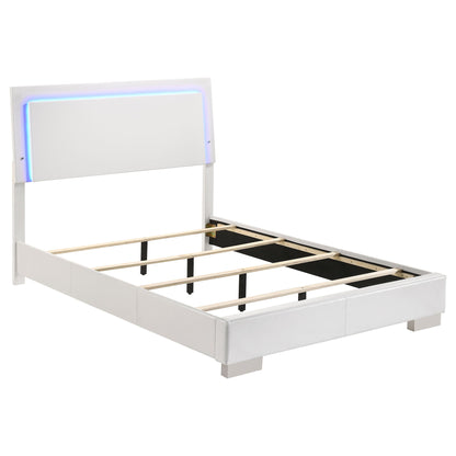 Felicity LED Panel Bed by HouseOfZazla, white upholstered platform bed with blue LED lighting on Tampa Home & Garden Store