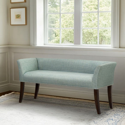 Welburn Upholstered Bench in light blue fabric with low back, flared arms, nailhead trim on Tampa Home & Garden Store
