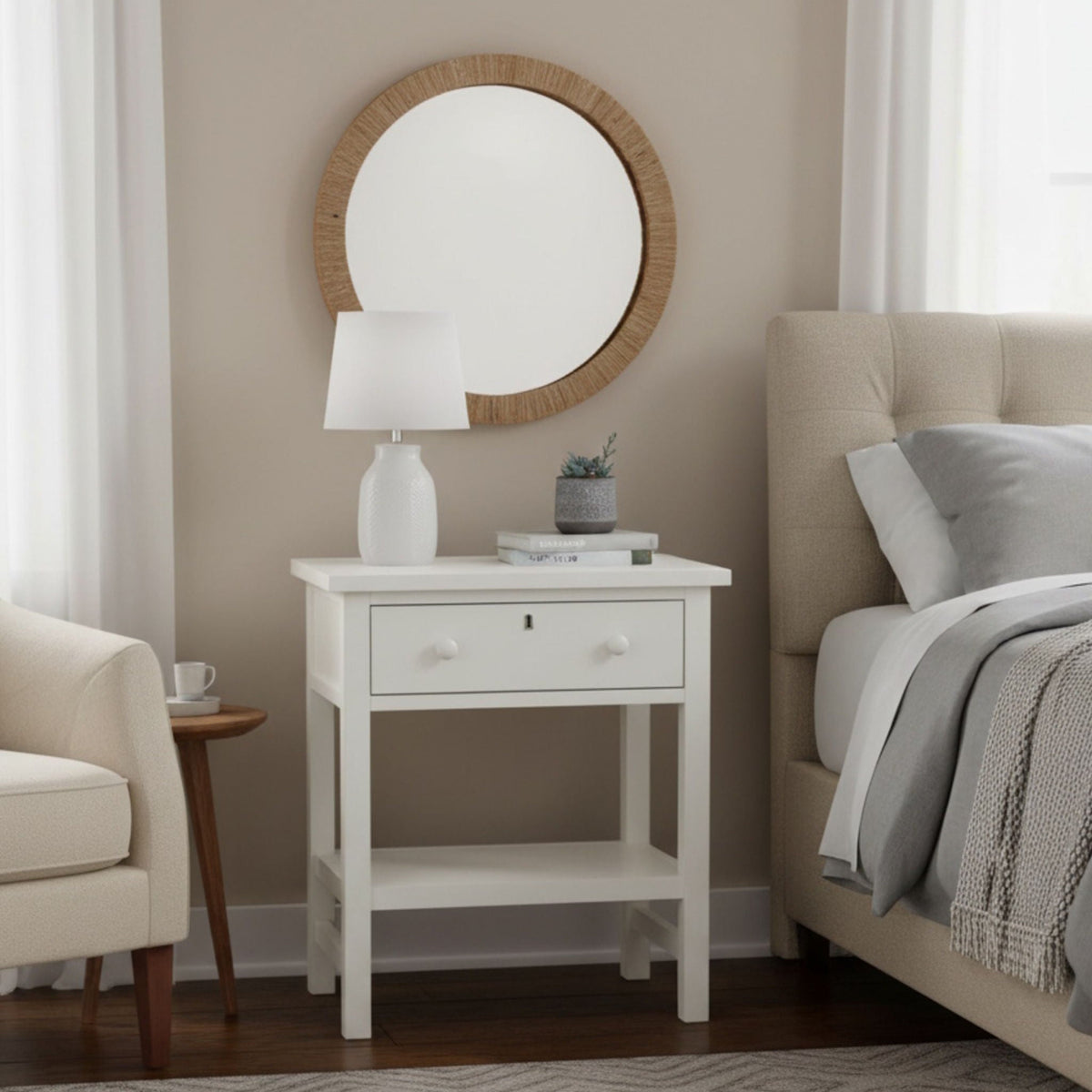 Finley 1-Drawer Storage Nightstand in white with open shelf beside bed on Tampa Home & Garden Store