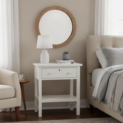 Finley 1-Drawer Storage Nightstand in white with open shelf beside bed on Tampa Home & Garden Store