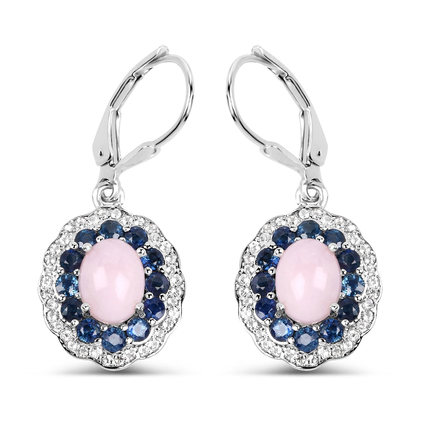 Sterling silver lever-back earrings with pink opal center and blue sapphires white topaz halo on Tampa Home & Garden Store