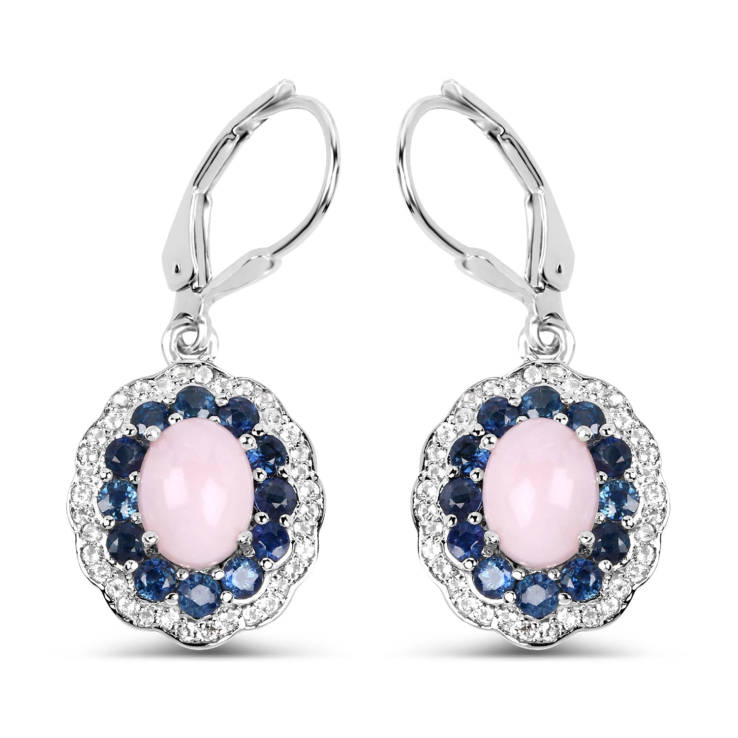 Sterling silver lever-back earrings with pink opal center and blue sapphires white topaz halo on Tampa Home & Garden Store