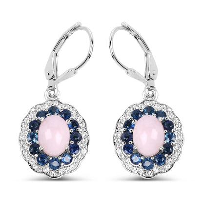 Sterling silver lever-back earrings with pink opal center and blue sapphires white topaz halo on Tampa Home & Garden Store