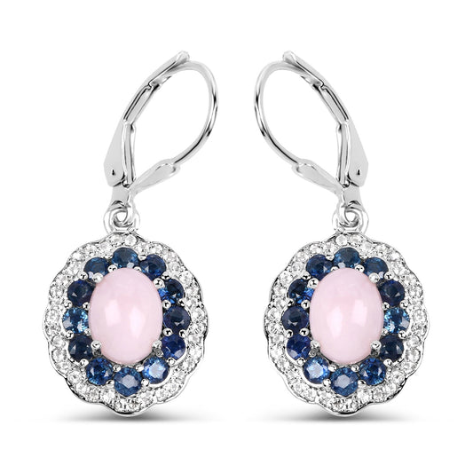 Sterling silver lever-back earrings with pink opal center and blue sapphires white topaz halo on Tampa Home & Garden Store