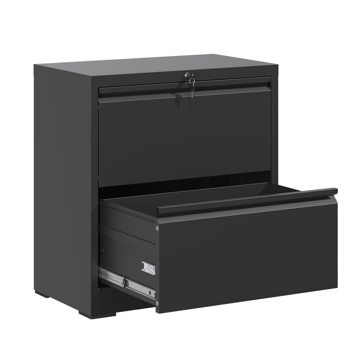 Premium black metal lateral file cabinet with lockable top drawer and open lower drawer on Tampa Home & Garden Store