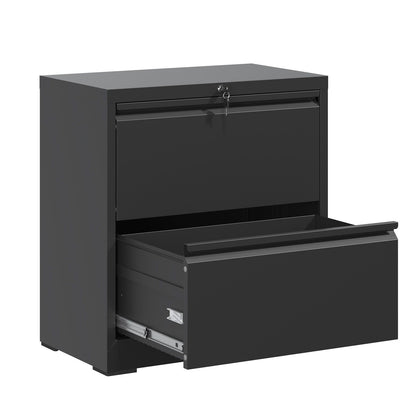 Premium black metal lateral file cabinet with lockable top drawer and open lower drawer on Tampa Home & Garden Store