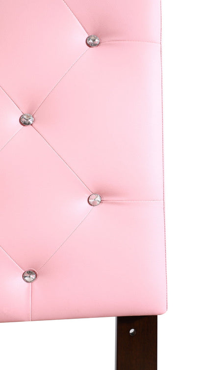 Upholstered headboard with button tufting in pink faux leather, crystal buttons, dark wood leg on Tampa Home & Garden Store