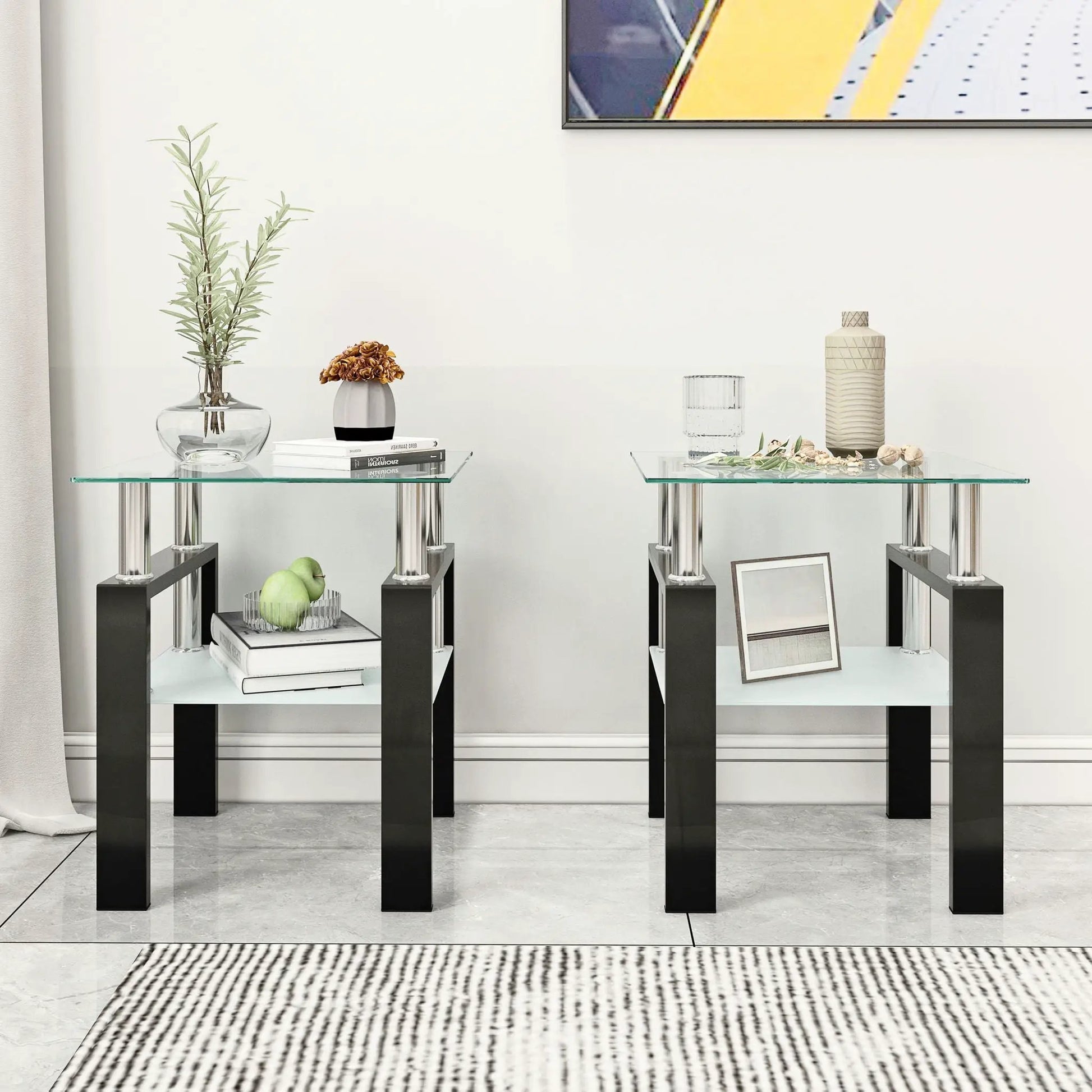 Pair of modern tempered glass end square tables with chrome legs for living room on Tampa Home & Garden Store
