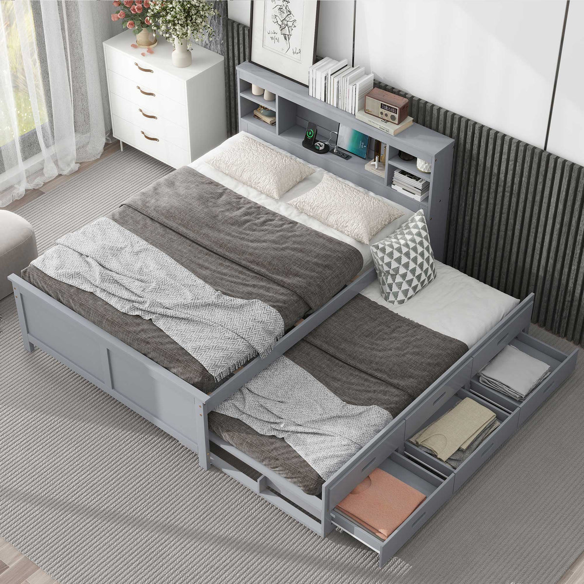 Platform bed by HouseOfZazla in gray with storage headboard, USB ports, trundle and 3 drawers on Tampa Home & Garden Store