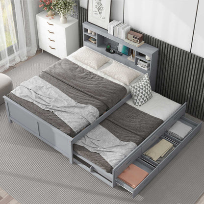 Platform bed by HouseOfZazla in gray with storage headboard, USB ports, trundle and 3 drawers on Tampa Home & Garden Store