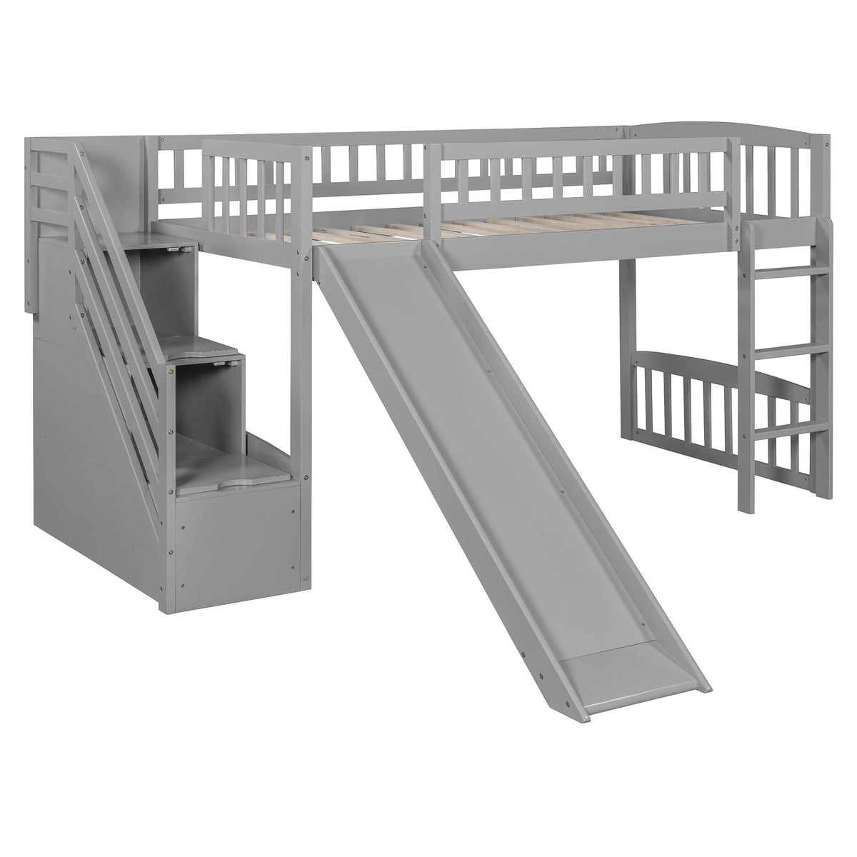 Loft Stairway Bed by HouseOfZazla in gray with 2 drawers, built-in ladder and slide on Tampa Home & Garden Store