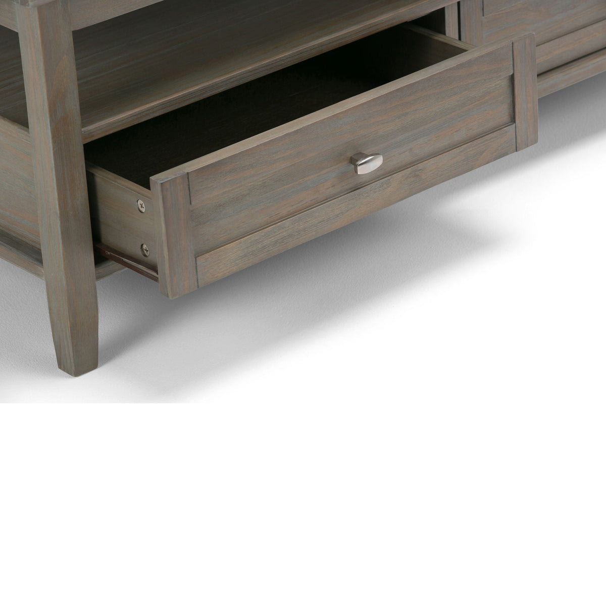 Warm Shaker coffee table with drawer and shelf in gray-washed wood, metal knob, HouseOfZazla on Tampa Home & Garden Store