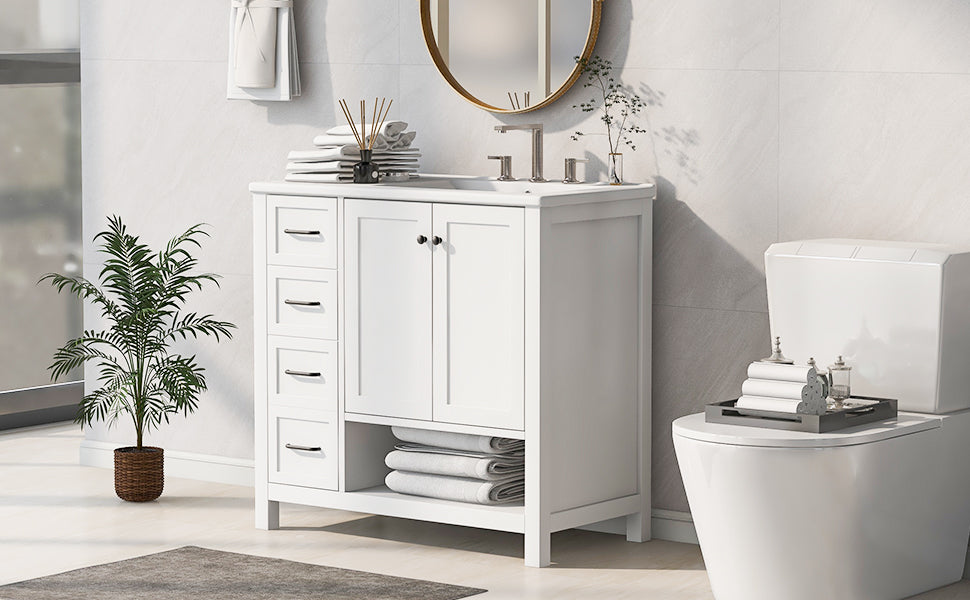 36in white bathroom vanity with sink top and storage by HouseOfZazla, left drawers, right cabinet on Tampa Home & Garden Store