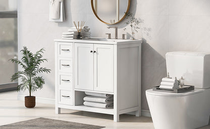 36in white bathroom vanity with sink top and storage by HouseOfZazla, left drawers, right cabinet on Tampa Home & Garden Store