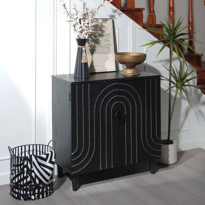 Modern black wood storage cabinet with beaded circular door detail on Tampa Home & Garden Store