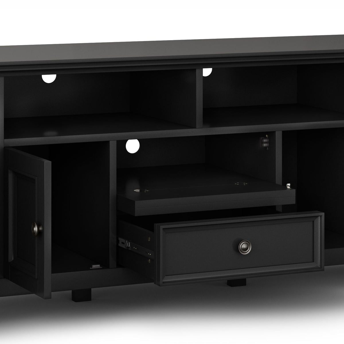 Wide TV stand in solid wood with black finish, open cubbies and a bottom drawer on Tampa Home & Garden Store