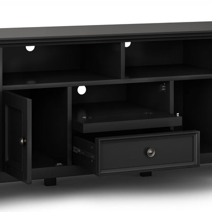 Wide TV stand in solid wood with black finish, open cubbies and a bottom drawer on Tampa Home & Garden Store