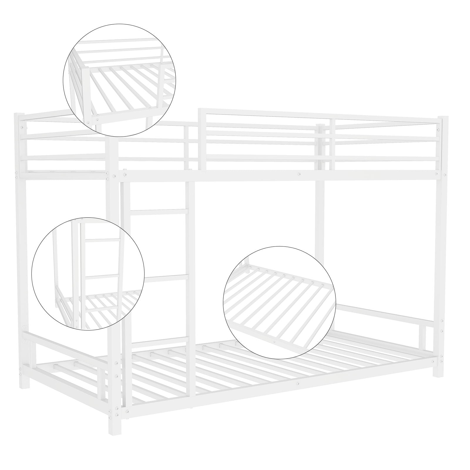 Bunk bed HouseOfZazla white frame with top safety guardrails, built-in ladder, slatted beds on Tampa Home & Garden Store