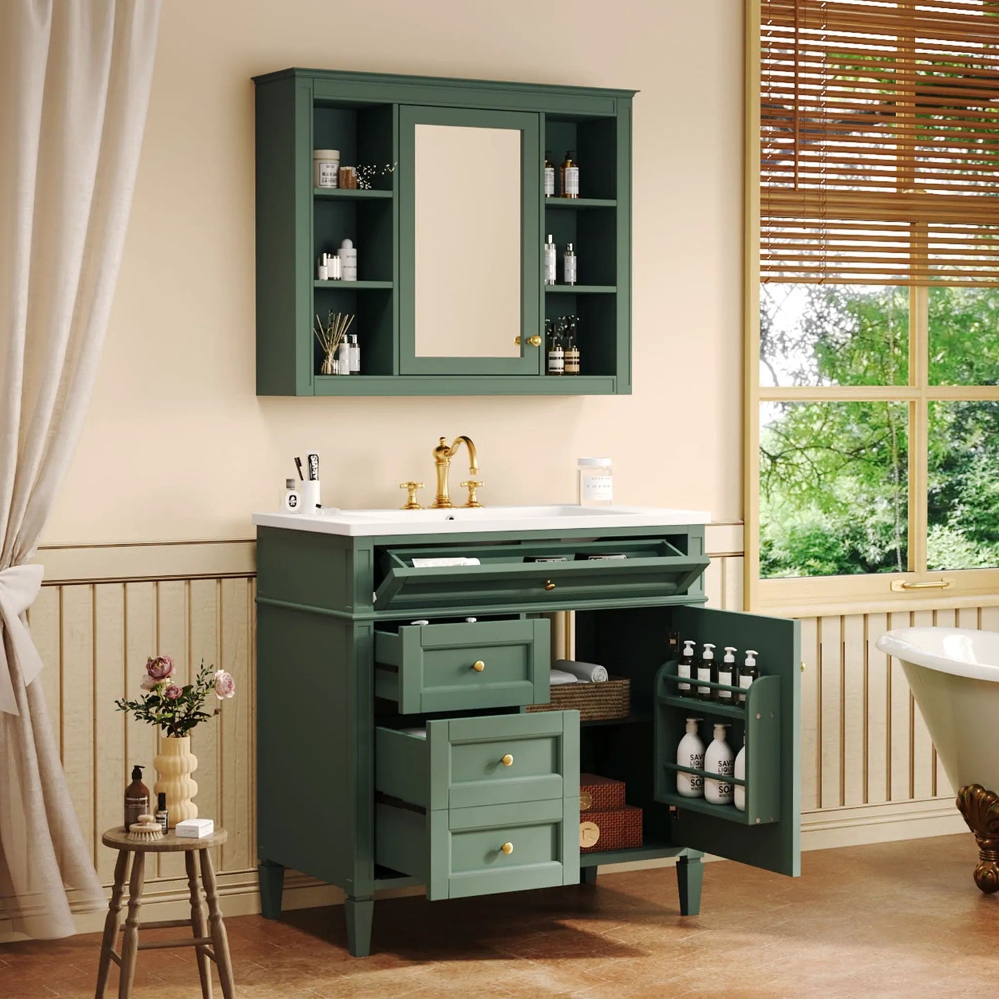 Bathroom vanity with mirror cabinet green finish 2 soft-closing doors and 4 drawers gold faucet on Tampa Home & Garden Store