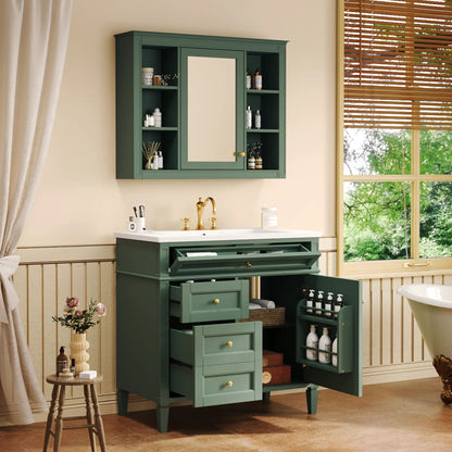 Bathroom vanity with mirror cabinet green finish 2 soft-closing doors and 4 drawers gold faucet on Tampa Home & Garden Store