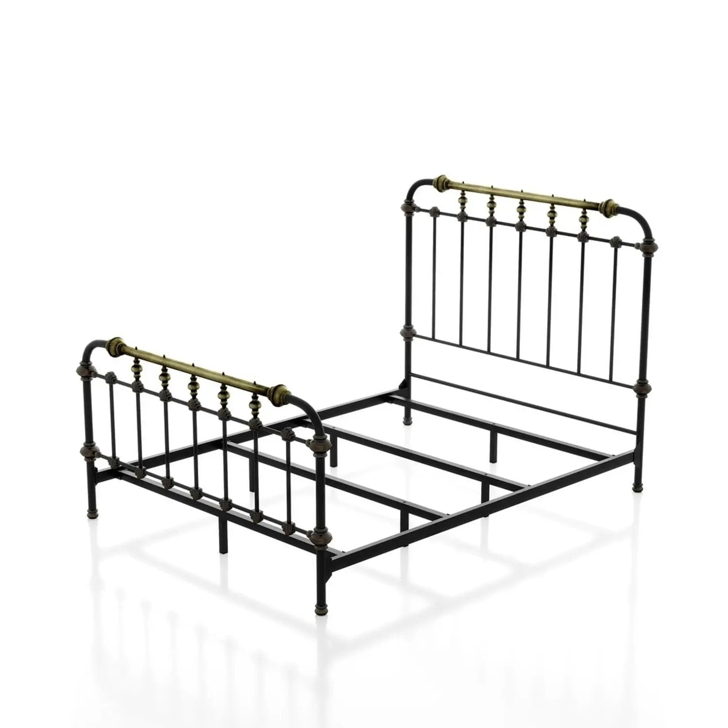 Transitional panel bed frame with brass accents and black metal construction on Tampa Home & Garden Store