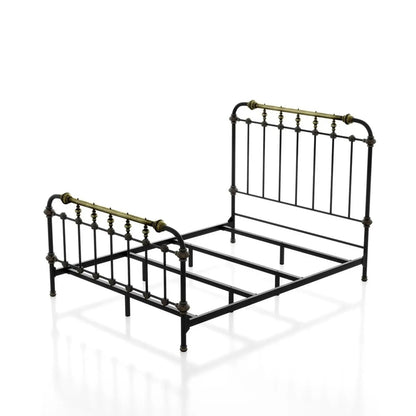 Transitional panel bed frame with brass accents and black metal construction on Tampa Home & Garden Store