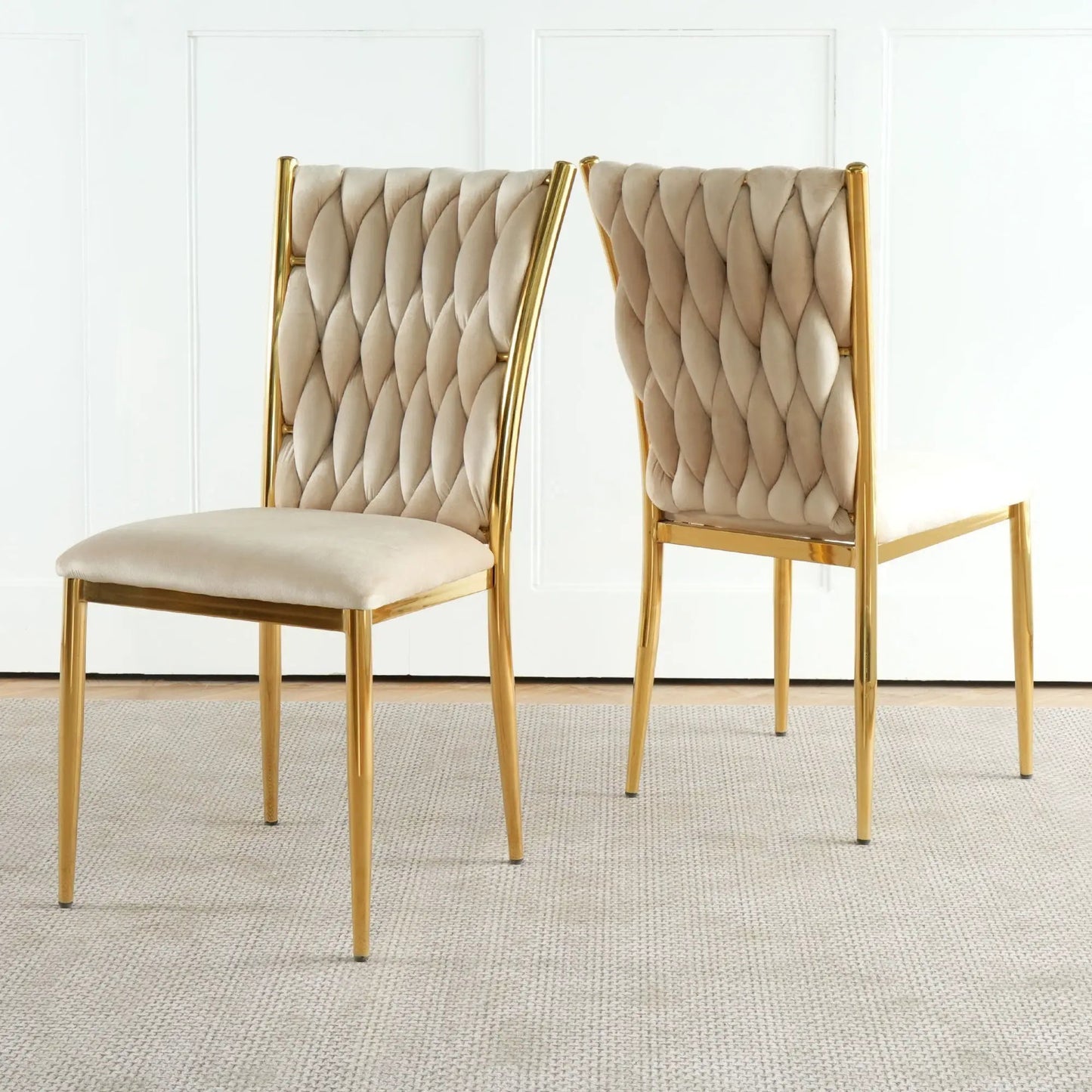 Modern dining chairs, beige tufted upholstery, gold metal frames, set of 2 on Tampa Home & Garden Store