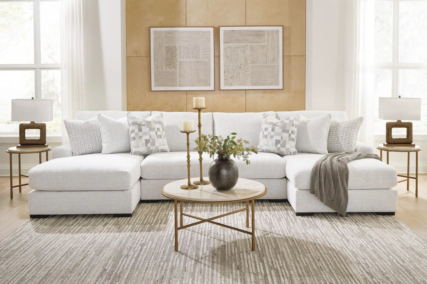 Misty-Lakes Stationary Sectional in light gray fabric by Unique Piece Furniture with pillows on Tampa Home & Garden Store