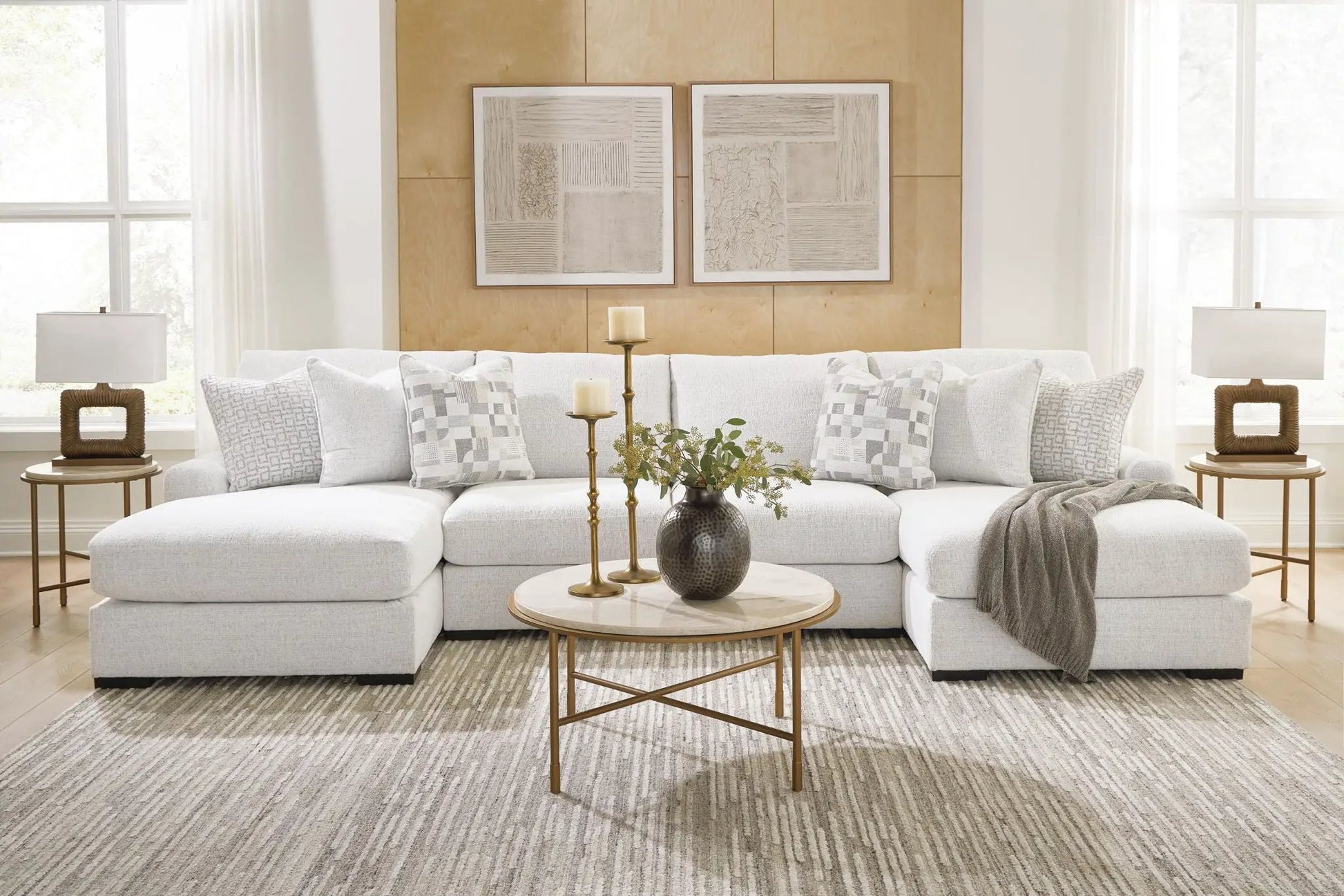 Misty-Lakes Stationary Sectional in light gray fabric by Unique Piece Furniture with pillows on Tampa Home & Garden Store