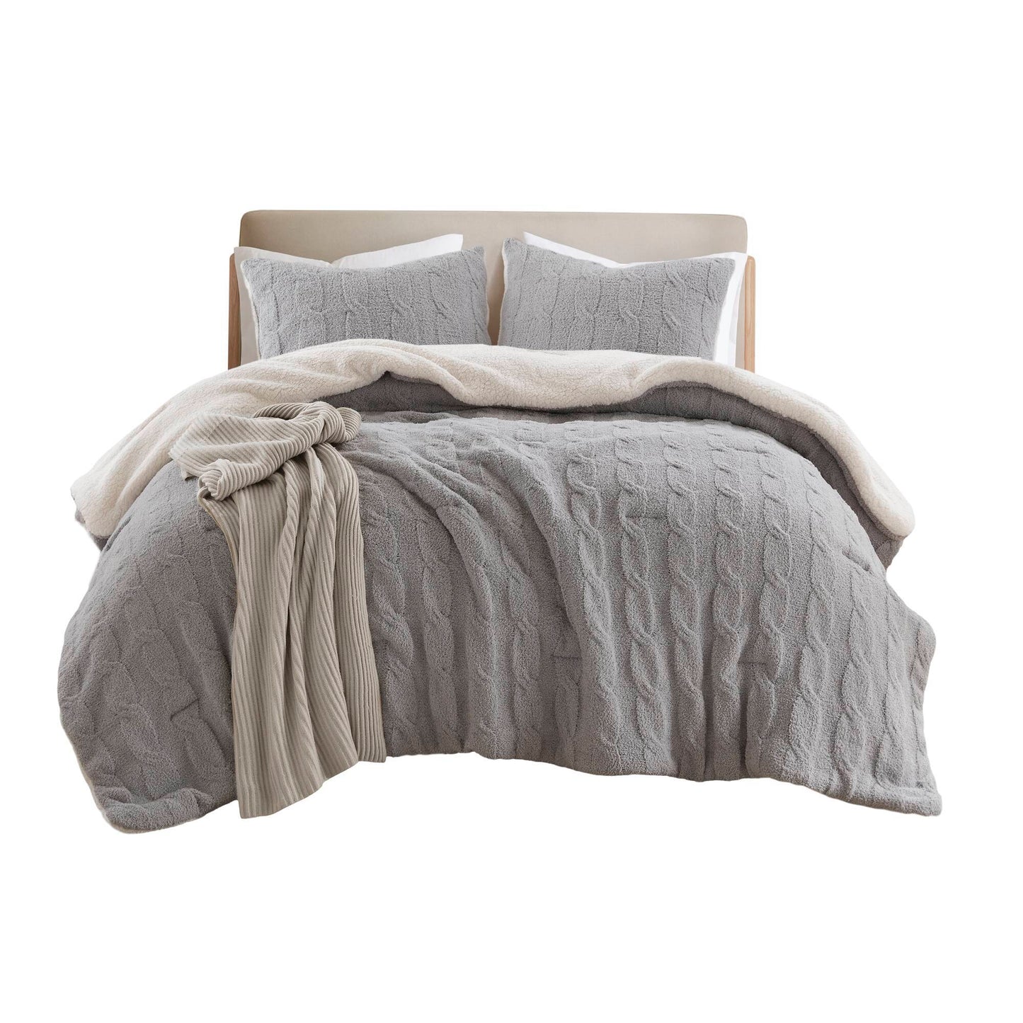 3 Piece Full/Queen Cable Knit Chenille Comforter Set Gray by HouseOfZazla on Tampa Home & Garden Store