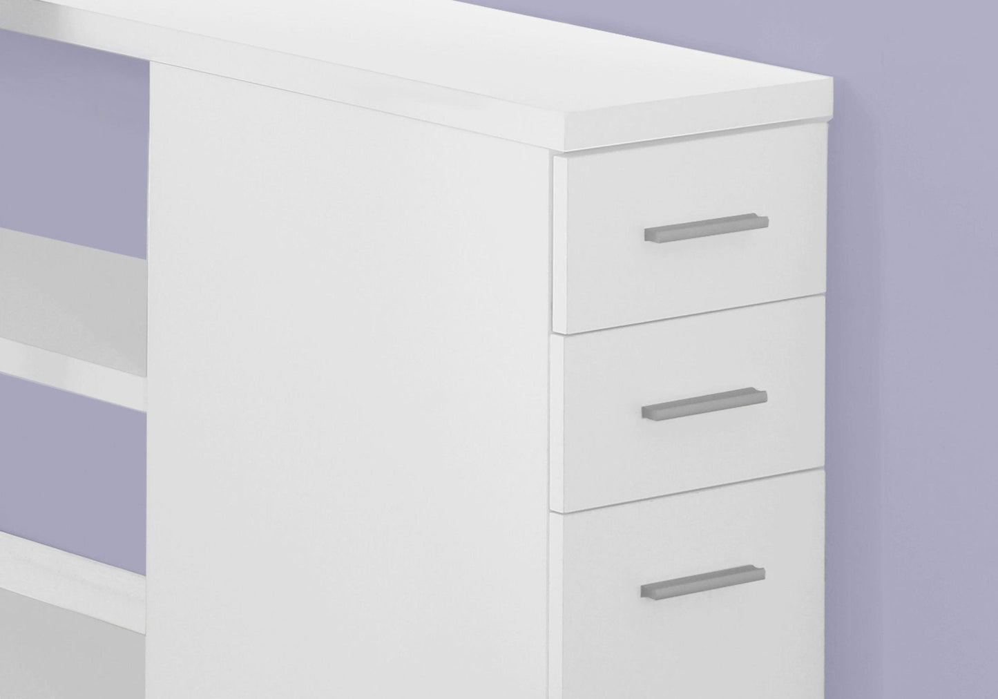 L-Shape computer desk with storage drawers, white finish, three drawers with silver handles on Tampa Home & Garden Store
