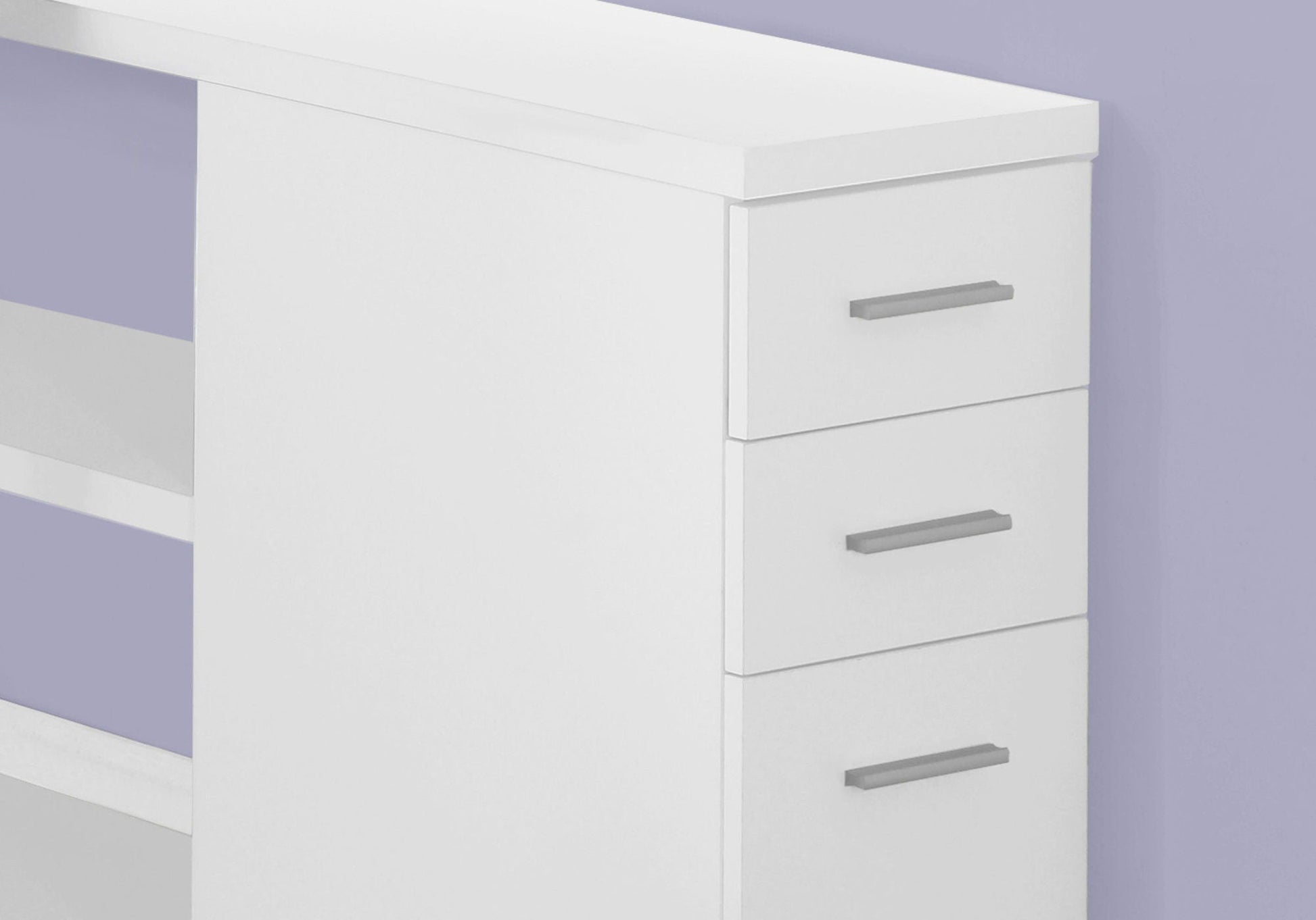 L-Shape computer desk with storage drawers, white finish, three drawers with silver handles on Tampa Home & Garden Store