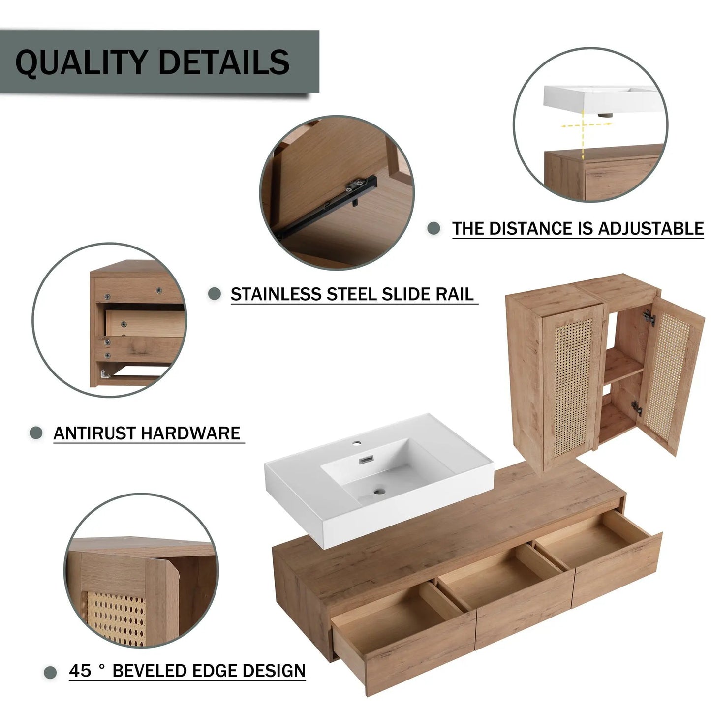 Modern Wall Mounted Vanity with Resin Sink in Oak