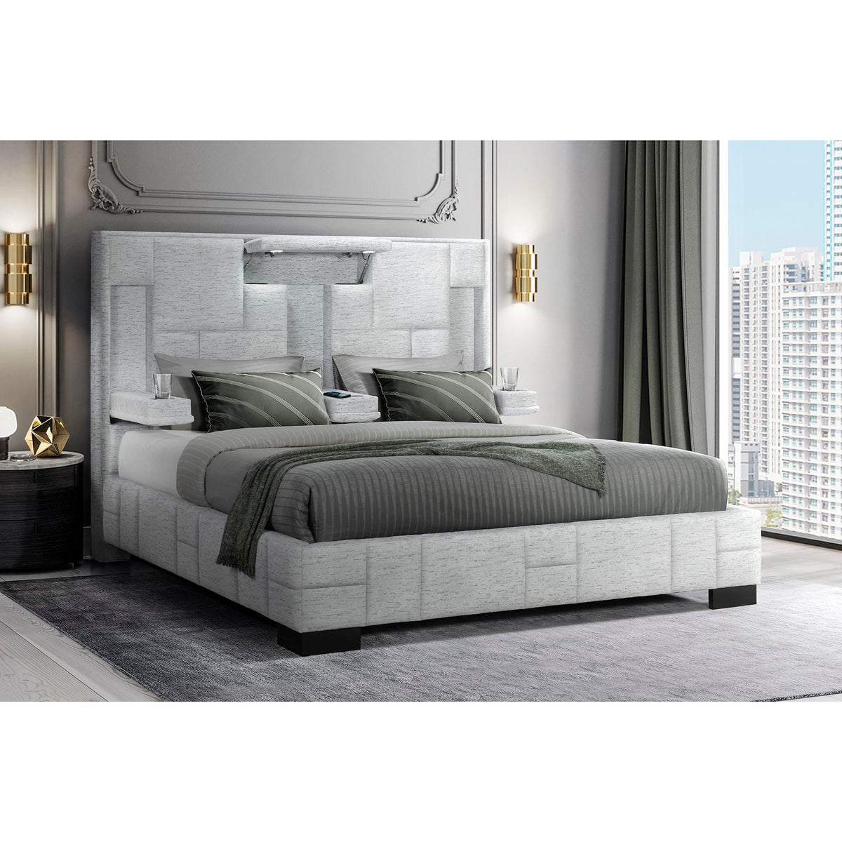 Yaris upholstered bed in light gray fabric with tufted headboard by HouseOfZazla on Tampa Home & Garden Store