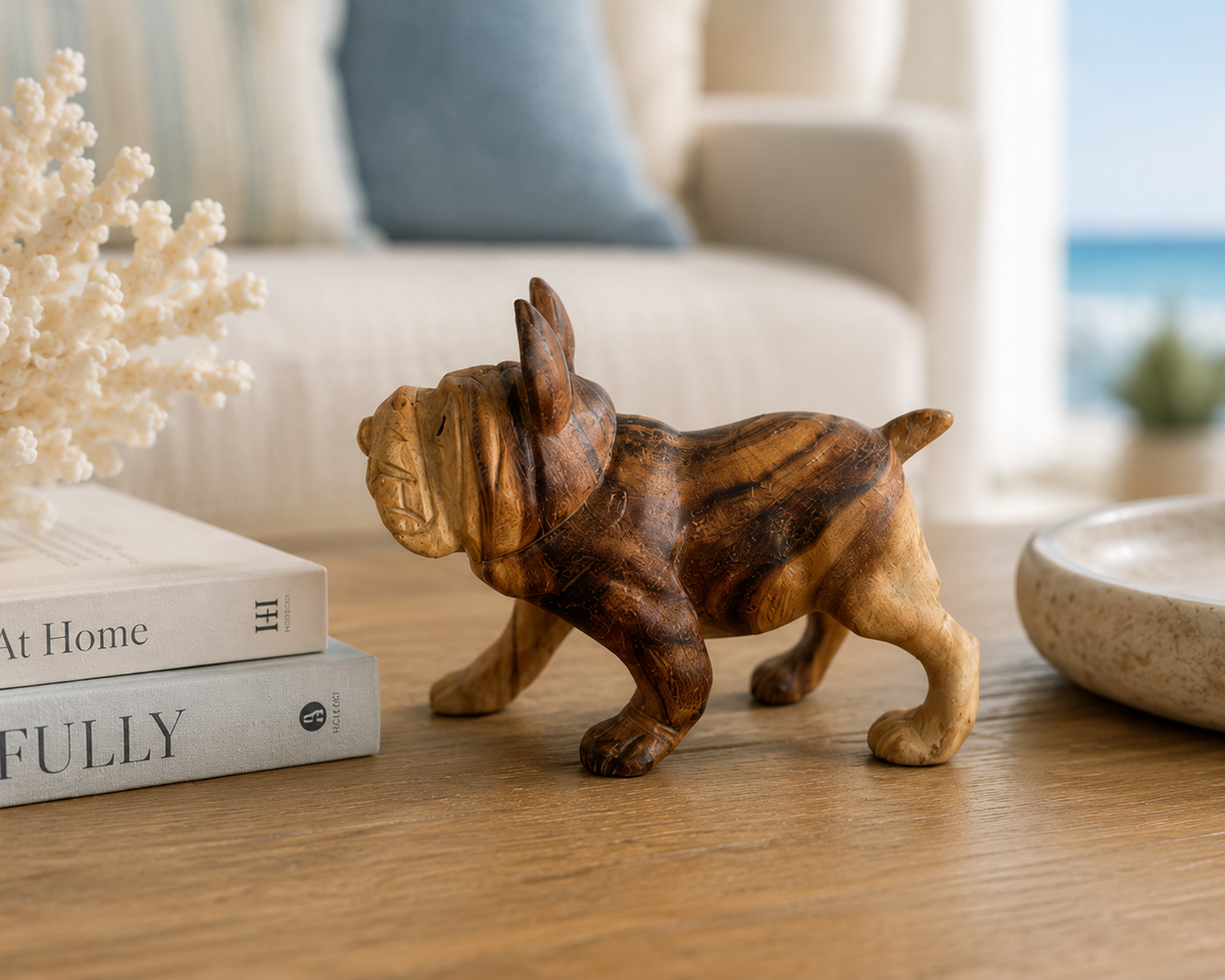 Hand carved Bulldog small wooden sculpture brown-toned by The Broward Design Center furniture on Tampa Home & Garden Store