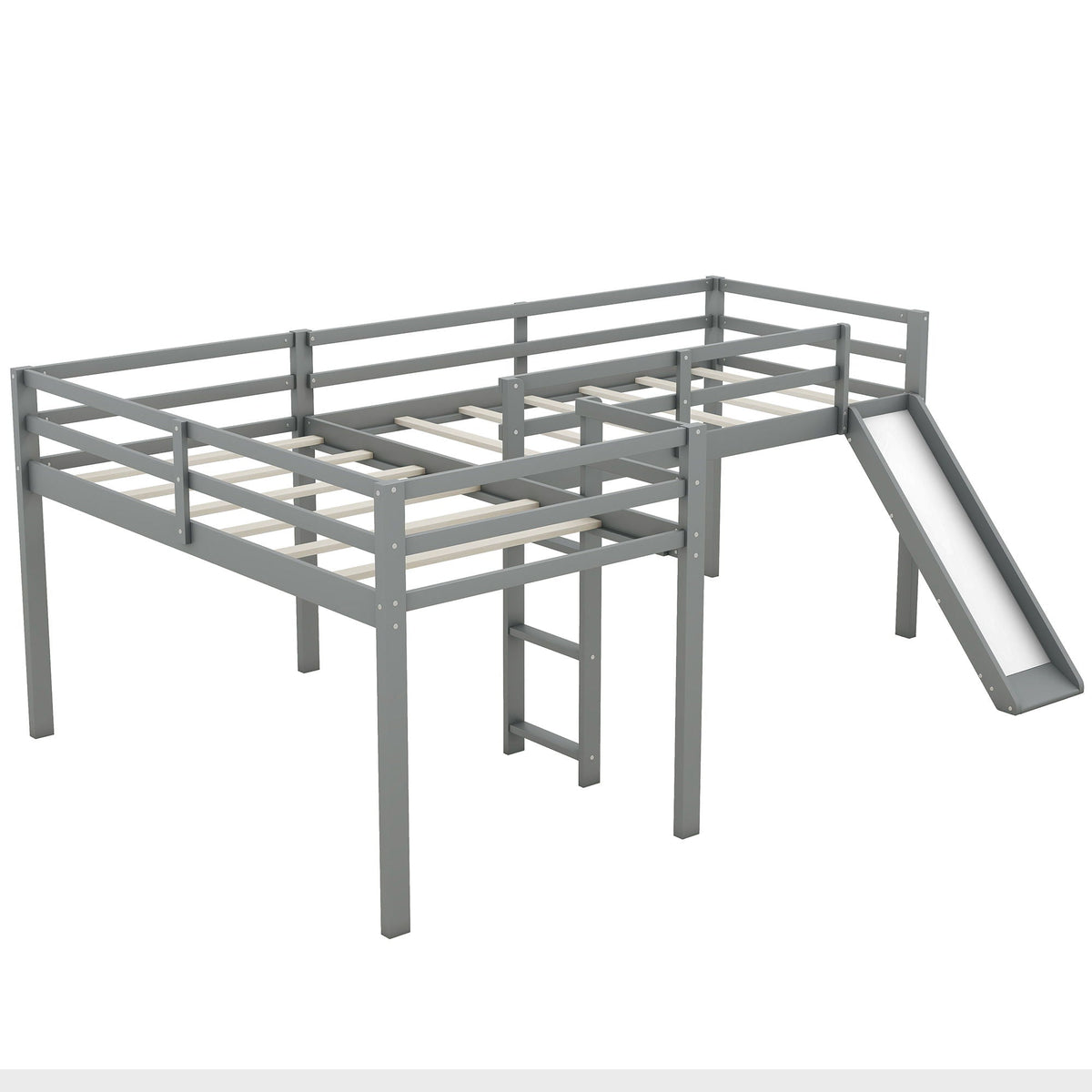 Loft bed L-shaped in gray metal with ladder and slide on Tampa Home & Garden Store