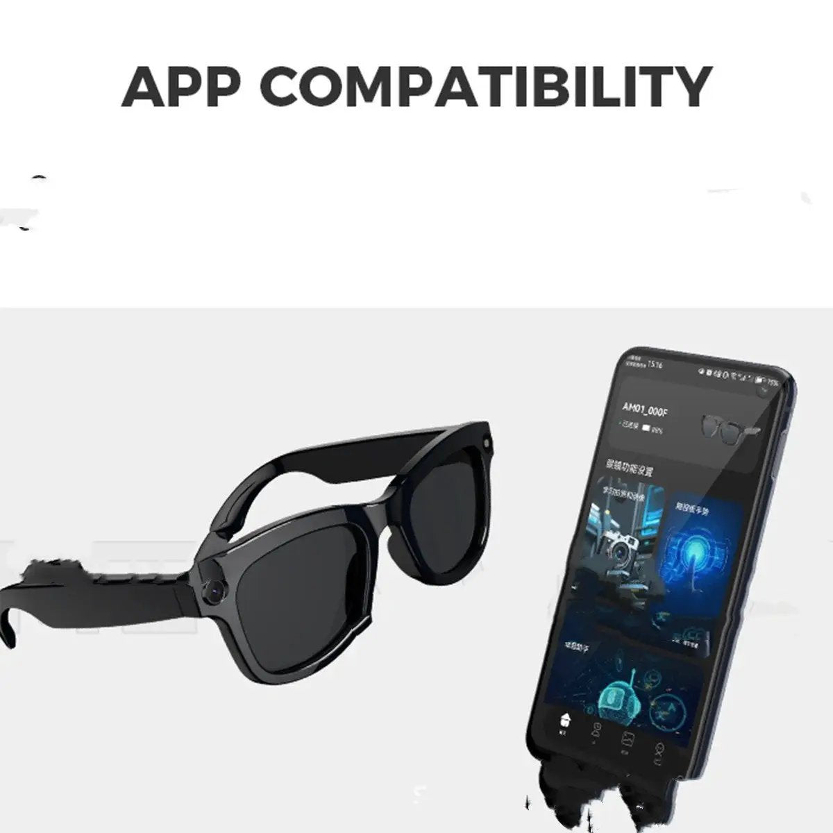 FLIPSTYLEZLLC AI Glasses with video calling, black frame; phone app shown on Tampa Home & Garden Store