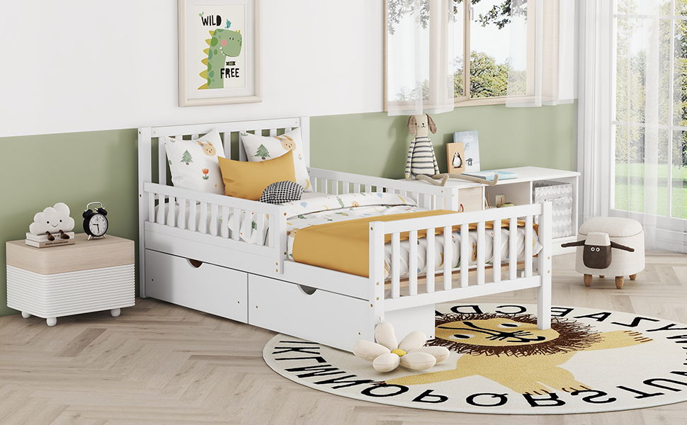 Platform bed with guardrails on both sides and two storage drawers, white finish on Tampa Home & Garden Store