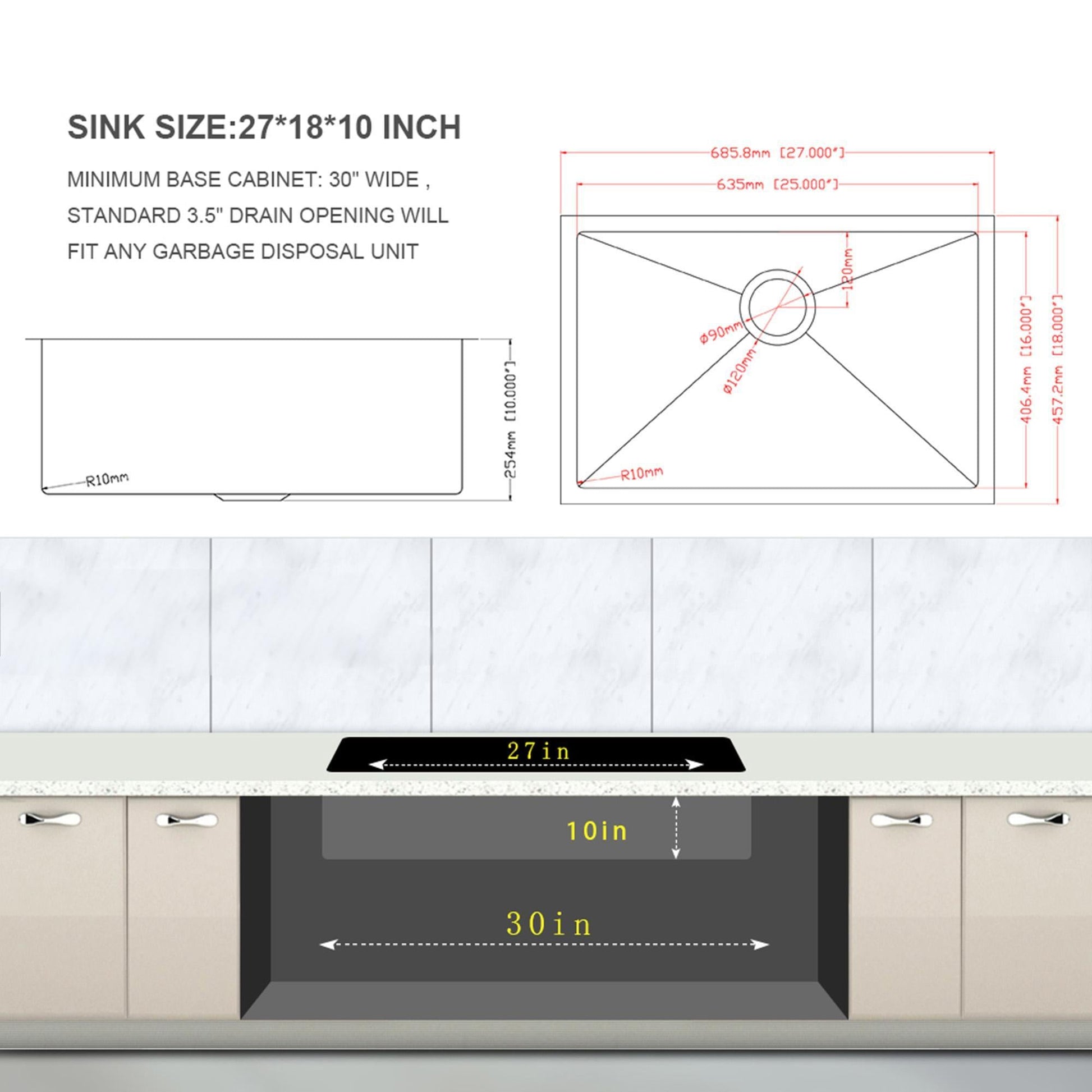 HouseOfZazla undermount stainless steel kitchen sink 16 gauge deep single bowl 27x18x10 in on Tampa Home & Garden Store