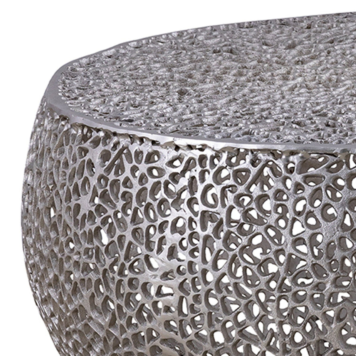 Round coffee table with silver aluminum frame and open lattice metalwork by HouseOfZazla on Tampa Home & Garden Store