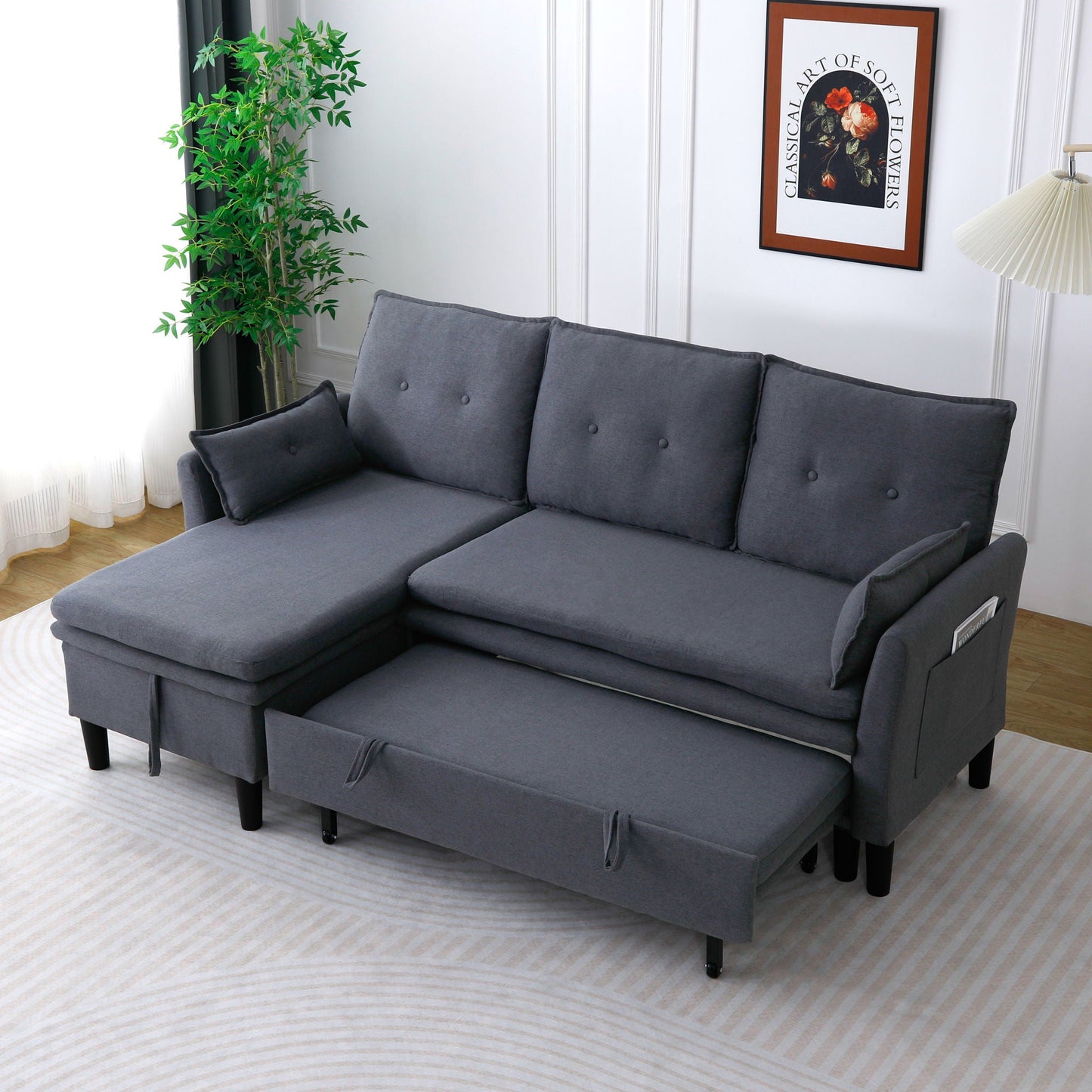 L-Shaped reversible chaise sectional sofa in gray fabric with storage ottoman and black legs on Tampa Home & Garden Store