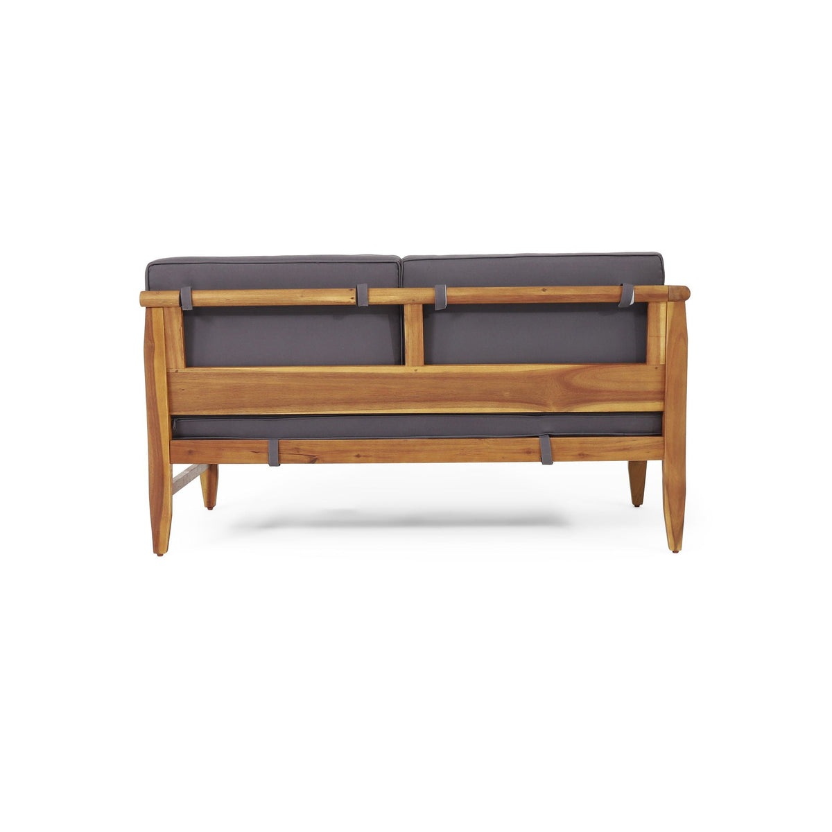 Aston outdoor sofa set with water-resistant cushions, dark gray fabric on a warm wood frame on Tampa Home & Garden Store